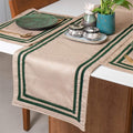 Golden with green stripes premium cotton table runner with 4 mats